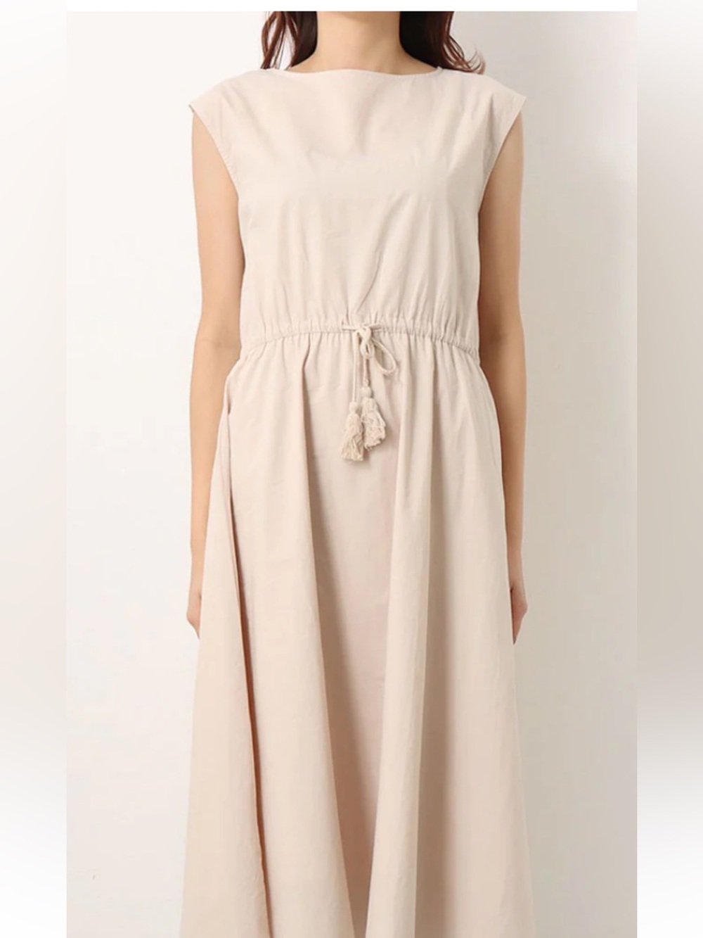 Beige Cotton Dress, Sleeveless A-Line Midi, Boho Minimalist Tie Waist Size S-M